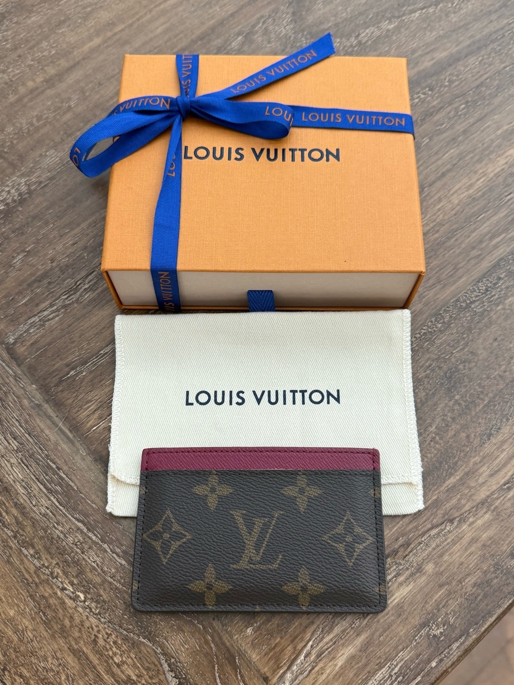Louis Vuitton Brown Monogram Card Holder with Burgundy Trim